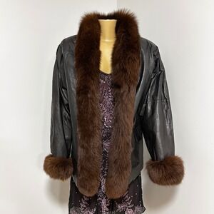 Roxciticus Vintage Black Leather Jacket with Brown Fur Collar and Cuffs Size L